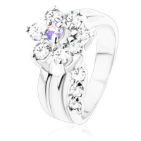 Blýskavý prsten, ohnutý stonek, zirkonový květ ve světle fialové a čiré barvě