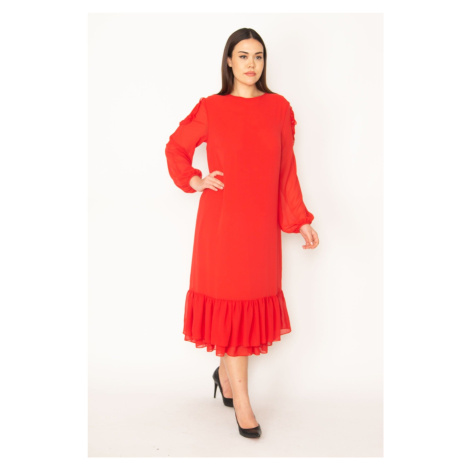 Dámské plus size červené šaty bez ramínek s volánkovým lemem a podšívkou z šifonu Şans