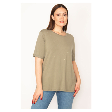 Şans Women's Plus Size Khaki Stone Detailed Crew Neck Short Sleeve Blouse