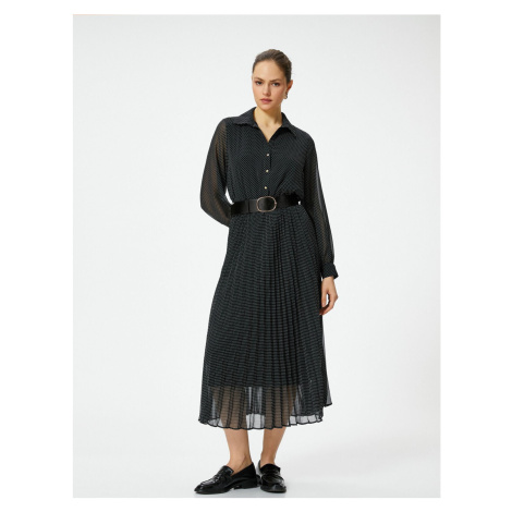 Koton Polka Dot Chiffon Dress Midi Pleated Long Sleeve Buttoned Belted