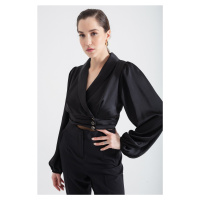 Lafaba Women's Black Double Breasted Collar Satin Crop Blouse