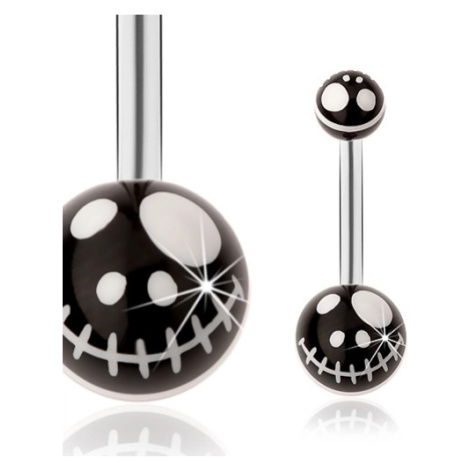 Ocelový piercing do pupíku, černé kuličky - motiv kreslené lebky z pohádky Šperky eshop