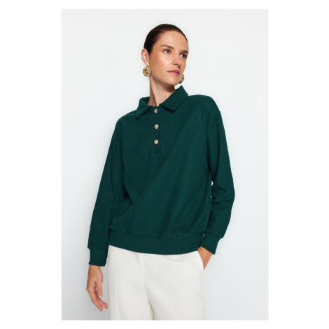 Trendyol Dark Emerald Green Thessaloniki/Knitwear Look, Regular Fit With Buttons Knitted Sweatsh