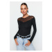 Trendyol Black Slim Snaps Tulle Detailed Heart Neck Ribbed Flexible Knitted Body