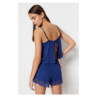 Trendyol Indigo Lace and Back Detailed Singlet-Shorts, Knitted Pajamas Set