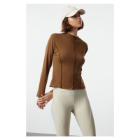 Trendyol Brown Micro Stitching and Reflective Print Detailed Sports Knitted Top/Blouse