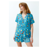 Trendyol Blue-Multicolor Kitchen Patterned Viscose Woven Pajamas Set
