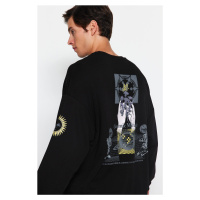 Trendyol Black Oversize/Wide-Fit Crew Neck Space Printed Cotton Sweatshirt