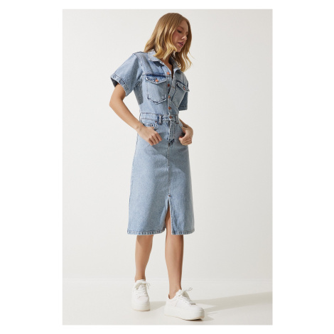 Happiness İstanbul Women's Medium Blue Slit Denim Dress