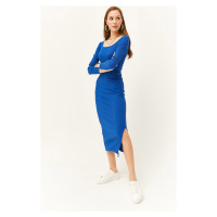 Olalook Women's Saxon Blue Open Collar Long Sleeved Blouse and Slit Skirt Set