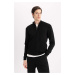 DEFACTO Men's Black Standard Fit Regular Cut Bato Collar Zippered Ethnic Patterned Sweater