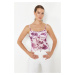 Trendyol Pink Floral Printed Adjustable Straps Special Textured Strappy Flexible Knitted Blouse