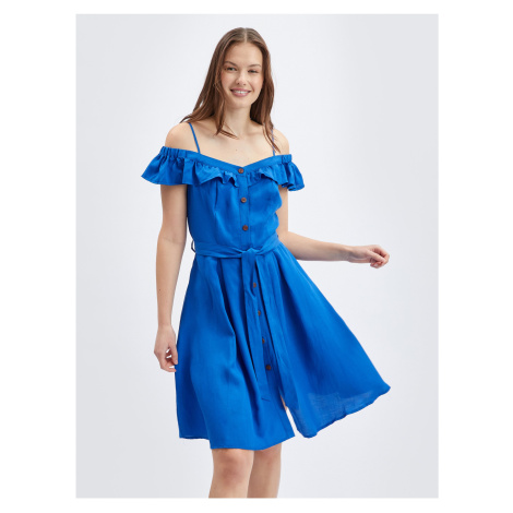 Orsay Modré dámské šaty s příměsí lnu - Dámské