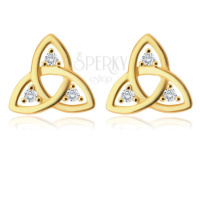 Diamantové náušnice ze 14K zlata - symbol Triquetra, čiré brilianty, puzetky