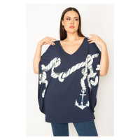 Şans Women's Plus Size Navy Blue Front Printed Low Sleeve Tunic