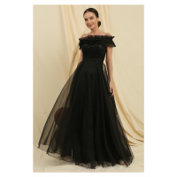 By Saygı Lined Long Tulle Dress with Beading Embroidered Top