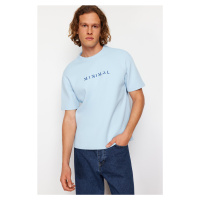 Trendyol Blue Relaxed/Casual Cut Fluffy Text Printed Short Sleeve Fully Fabric T-Shirt