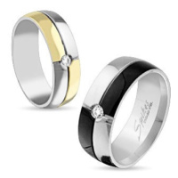 Ocelový prsten stříbrné a černé barvy, zirkon uprostřed, 8 mm
