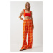 Happiness İstanbul Women's Dark Orange Patterned Loose Viscose Palazzo Trousers