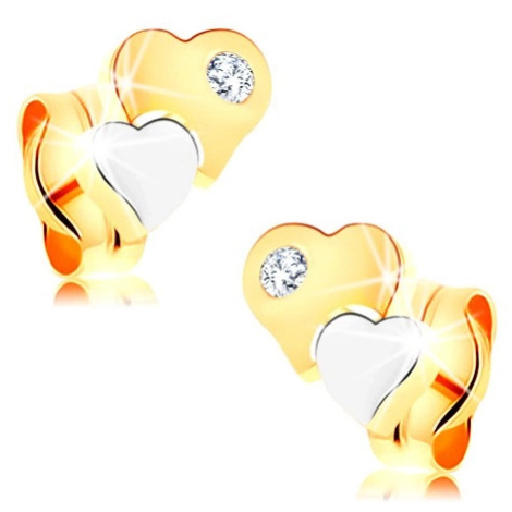 Náušnice ze 14K zlata - dvoubarevná lesklá srdíčka s čirým diamantem Šperky eshop