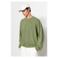 Trendyol Light Khaki Men's Oversize/Wide-Collar Weared/Faded-Effect Text and Embroidered Cotton 
