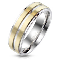 Ocelový prsten stříbrné barvy - ozdobený dvěma proužky ve zlatém provedení, 6 mm