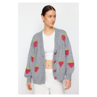 Trendyol Gray Soft Textured Strawberry Embroidered Knitwear Cardigan