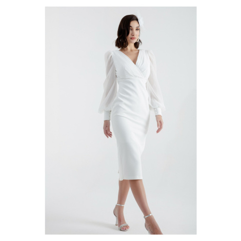 Lafaba Women's White Double Breasted Neck Midi Evening Dress