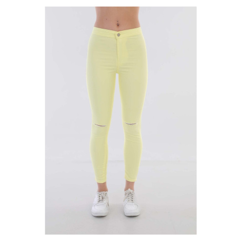 BİKELİFE Women's Yellow High Waist Lycra Ripped Detailed Leggings Trousers.