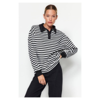 Trendyol Black Striped Polo Neck Thick Fleece Oversize Knitted Sweatshirt