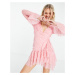 ASOS DESIGN dobby mini wrap dress with fluted sleeve in pink spot print-Multi