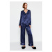 Trendyol Blue Piping Detailed Satin Shirt-Pants Woven Pajama Set