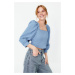 Trendyol Blue Balloon Sleeve Square Neck Woven Blouse