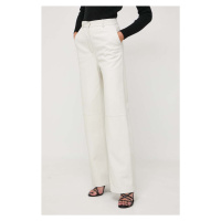 Kožené kalhoty BOSS dámské, béžová barva, jednoduché, high waist, 50516959