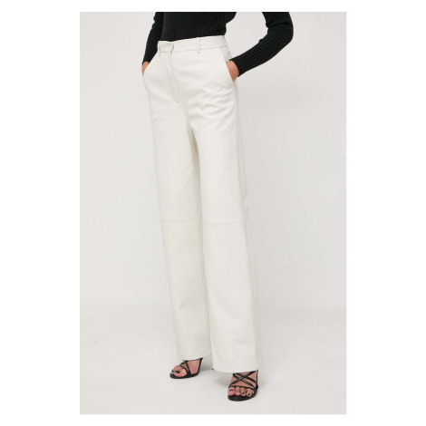 Kožené kalhoty BOSS dámské, béžová barva, jednoduché, high waist, 50516959 Hugo Boss