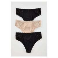 Trendyol Curve Black-Ecru-Skin 3-Pack Micro Lace Soft Plus Size Panties