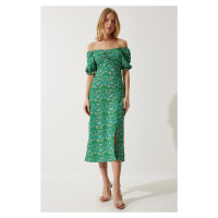 Happiness İstanbul Women's Green Elastic Carmen Collar Summer Dress