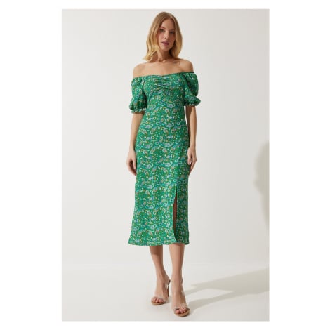 Happiness İstanbul Women's Green Elastic Carmen Collar Summer Dress