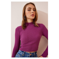 Happiness İstanbul Women's Light Plum Corduroy Turtleneck Crop Knitted Blouse