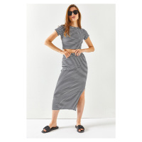 Olalook Women's Striped Black Short Sleeves Slit Skirt Lycra Suit
