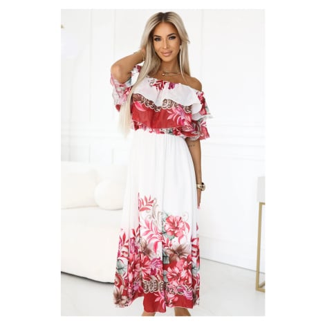 606-1 Dlouhé letní šaty - květinový červený ombre vzor NUMOCO