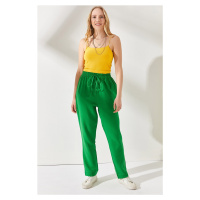 Olalook Dámské trávově zelené elastické mušelínové kalhoty s páskem v pase