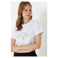 Trendyol White 100% Cotton Foil/Glossy Slogan Printed Regular/Normal Pattern Knitted T-Shirt