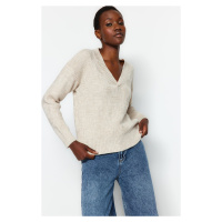 Trendyol béžový měkký texturovaný pletený svetr s výstřihem do V