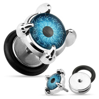 Fake ocelový plug do ucha - modré oko v drápech, kolečko s gumičkou
