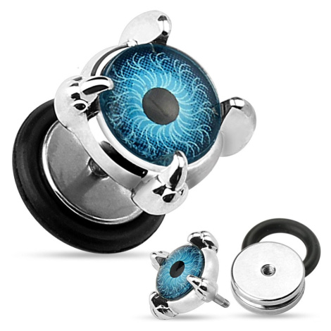 Fake ocelový plug do ucha - modré oko v drápech, kolečko s gumičkou Šperky eshop