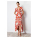 Trendyol Tile Floral Printed Wrapped Belted Ruffled Short Sleeve Stretchy Knitted Midi Dress