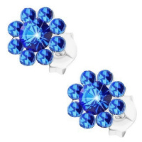 Puzetové náušnice, stříbro 925, blýskavý květ z modrých krystalů Preciosa