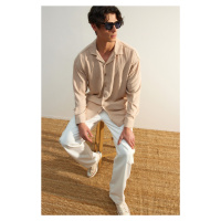 Trendyol Stone Oversize Fit Open Collar Summer Linen Look Shirt