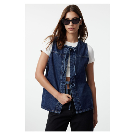 Trendyol Dark Blue Front Tie Oversize Denim Vest